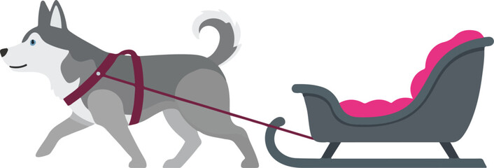 Siberian husky sled dog pulling a cartoon winter sleigh with pink cushion, perfect for holiday, sport, or adventure concepts.