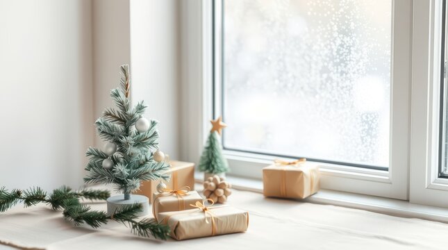Cozy christmas window decor with mini christmas trees and wrapped presents for holiday home decoration ideas