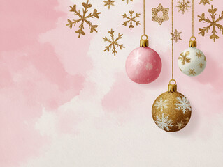 pink watercolor background with gold glitter snowflakes and christmas ornaments 