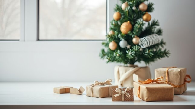 Christmas tree and gifts on white window sill holiday decor festive season wrapped presents minimalist style 100 - Powered by Adobe