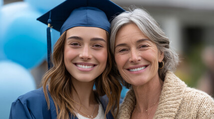 Celebratory graduation moment with graduate holding diploma and embracing parent