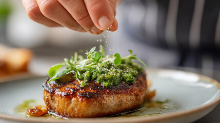 Culinary presentation with final herb garnish sprinkled over grilled dish for gourmet dining experience