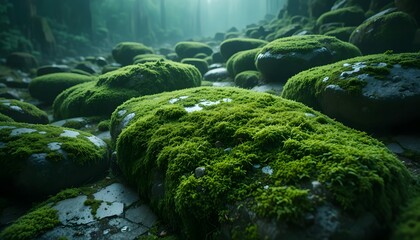 Moss-Covered Rocks in Misty Forest Landscape