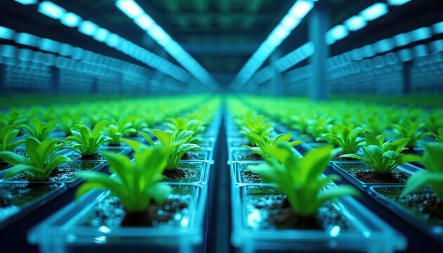 Rows of green plants grow indoors under blue LED lights. This scene shows a vertical farm using tech for sustainable food production. Future farming methods are displayed.