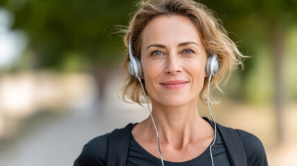Mid age woman enjoying a brisk walk in the park with headphones for relaxation and fitness