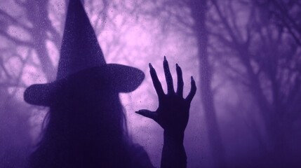 A witchs shadowy figure presses against a foggy window evoking mystery and enchantment.