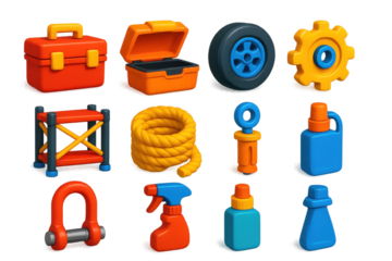 3D Maintenance Icons. 3D icon set of maintenance and support: toolboxes, spare parts, scaffolding accessories, ropes, anchors,