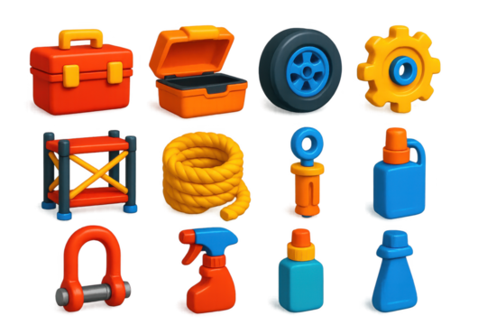 3D Maintenance Icons. 3D icon set of maintenance and support: toolboxes, spare parts, scaffolding accessories, ropes, anchors,