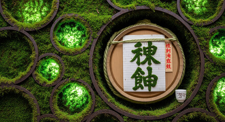 Japanese Moss Wall Art with Traditional Wooden Sign
An abstract and detailed close-up of a unique moss wall design. The vibrant green moss is featured in circular recesses within a darker framework