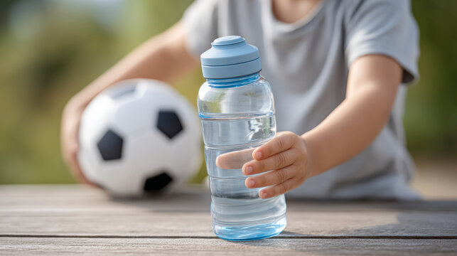 Young boy hydrating before soccer practice with water bottle outdoors