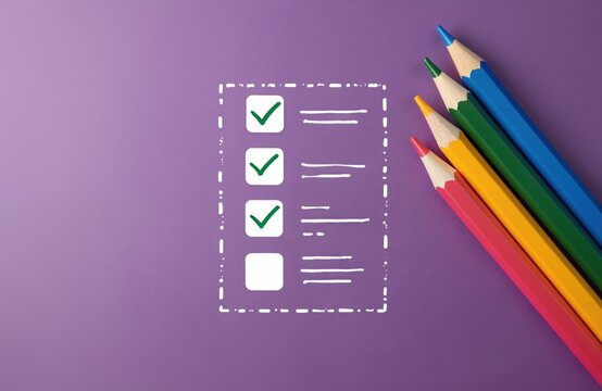 Checklist with three items marked as done and one unchecked on purple background. Four colored pencils lie next to the list. Checklist concept, office supplies, task completion.