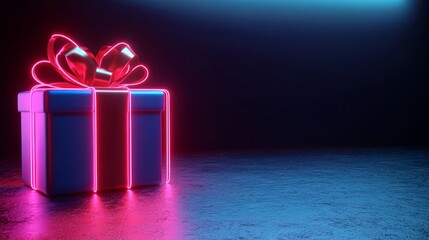 Stunning neon gift box with pink bow, perfect for birthdays, holidays, and special occasions in vibrant, eye-catching cyber style