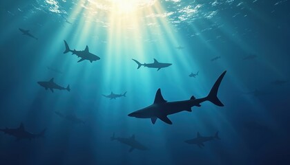 Sharks swim in deep ocean water. Sunlight illuminates sea animals. Sharks silhouettes present underwater wildlife. Marine life, ocean predator concept. week promo. Sea background perfect for ocean