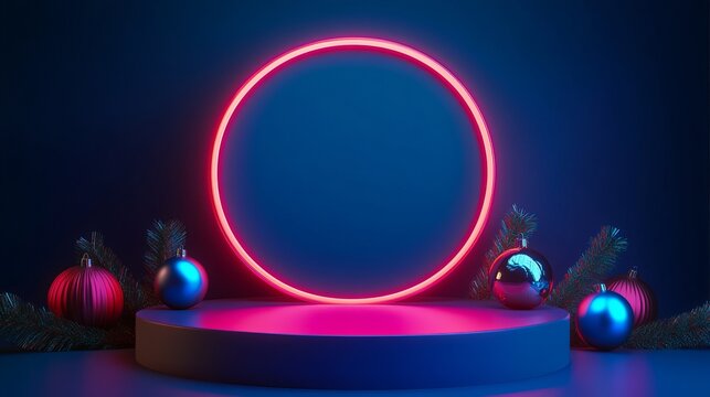 Stunning Christmas holiday presentation with neon circle and ornaments for a festive product display this season, perfect for advertising campaigns