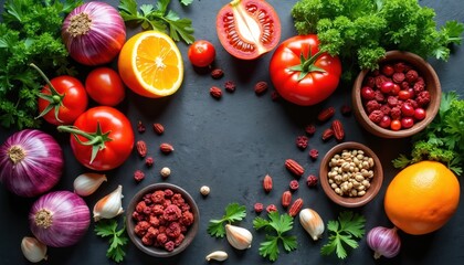 Assortment of fresh colorful ingredients arranged on dark slate surface. Vibrant tomatoes oranges garlic herbs nuts seeds suggest healthy recipes, culinary inspiration. Image promotes food design,