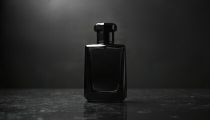 Black perfume bottle stands. Dark fragrance mock. Elegant container for cologne. Fashionable scent for men. Design of stylish package. Empty flacon on texture surface for aromatic liquid. Luxury,