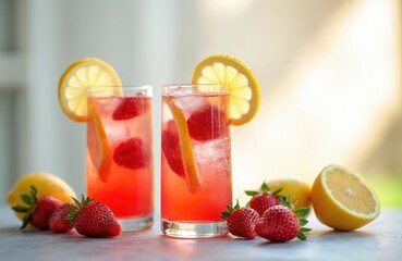 Two glasses with strawberry lemonade drink and ice. Lemon slices decorate beverage. Fresh strawberries lay near drinks. Refreshing summer cocktail. Detox water. Party refreshment. Healthy lifestyle.