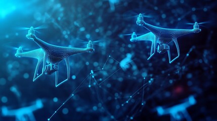 Futuristic drone technology delivering innovations, modern network communication with flying drones, blue glowing digital design for technological advancement