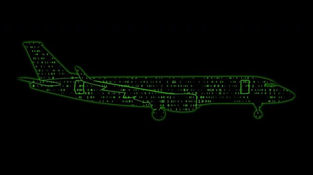 Set of 4 seamless looping animations of a glowing cargo airplane silhouette filled with moving binary code, symbolizing AI logistics, and smart transport solutions, alpha channel background - Powered by Adobe