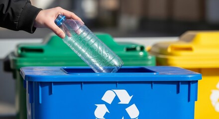 Hands Sorting Plastic Bottle into Recycling Bin. Person hand dropping a clear plastic water bottle into a blue recycling bin labeled with the recycling symbol. Represents recycling, eco friendly