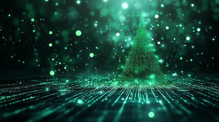 Stunning digital Christmas tree with vibrant emerald green lights sparkling in the dark creates a festive, modern, and magical holiday season atmosphere