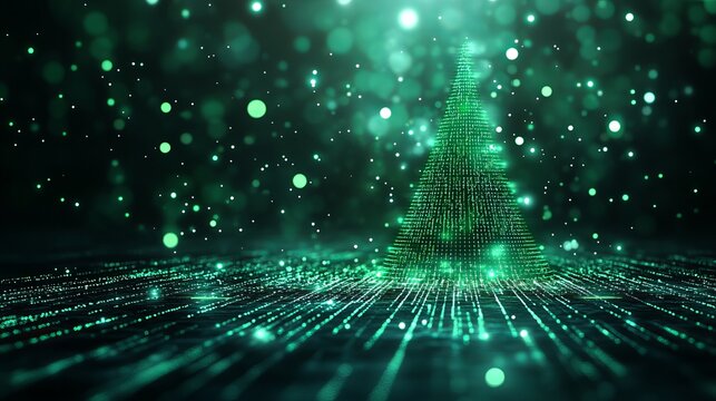 Stunning digital Christmas tree with vibrant emerald green lights sparkling in the dark creates a festive, modern, and magical holiday season atmosphere