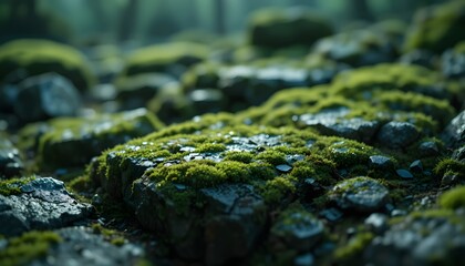 Mossy Wet Stones in Forest Macro View