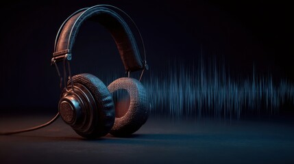 Headphones sit on a dim surface while sound waves pulse softly around them creating a moody atmosphere.