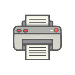 Digital illustration of an office printer producing printed documents and paperwork for business communication