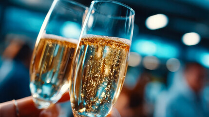 Woman holding a sparkling champagne glass during a sunset gathering, symbolizing elegance and celebration