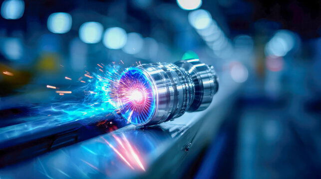 Close-up of a glowing jet turbine engine on an industrial assembly line with sparks