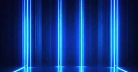 Abstract neon lights form vertical lines. Dark background creates dramatic illumination, futuristic aesthetic. Minimalist design, vibrant blue tones.