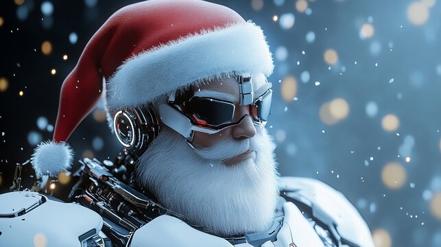 Futuristic Santa Claus, a robot with a snowy beard and Christmas hat, delivering holiday cheer with high tech style and cutting edge innovation