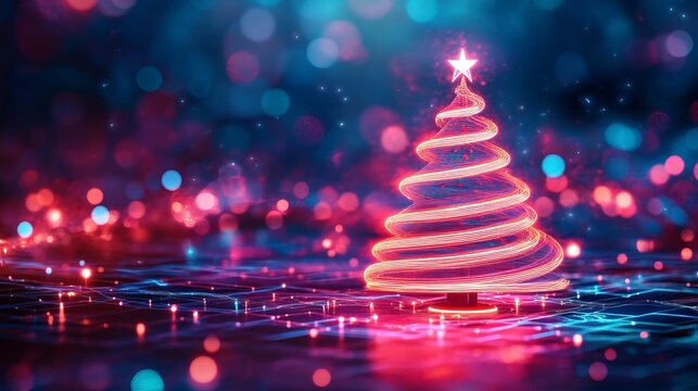 Celebrate the holidays with a stunning, modern Christmas tree glowing with neon lights in a vibrant, festive ambiance perfect for joyful designs