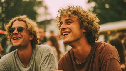 Two young men share a lighthearted moment laughing heartily at an outdoor festival during sunset.