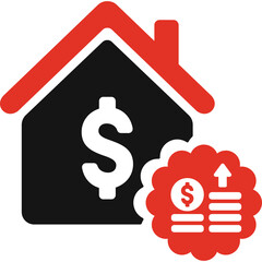 Real Estate Investment Growth Concept With House Silhouette And Dollar Sign Stacked Coins Inside A Red Badge With Upward Arrow On Transparent Background