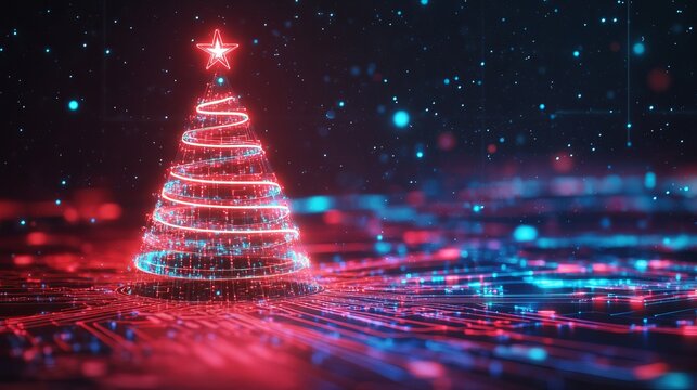 Cyberpunk Christmas tree glows with vibrant neon lights on futuristic circuit board background, offering a modern holiday season feel