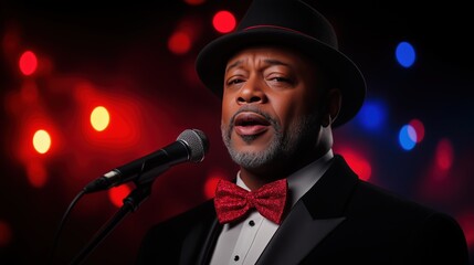 Elegant middle-aged man in a classic hat and suit singing into a microphone on a moody stage with colorful bokeh lights, evoking a jazz and lounge performance atmosphere