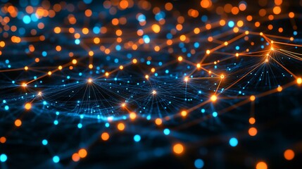 Dynamic neural network connecting nodes with glowing points and lines, ideal for illustrating technology, science, and futuristic innovation concepts