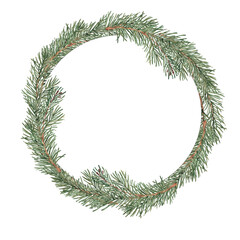 Watercolor fir, pine branches circle frame, wreath. Hand drawn watercolor illustration of evergreen winter plant. Perfect for Christmas or New Year and winter design, invitations, cards and products.