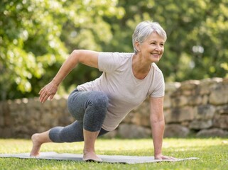 Smiling senior woman with grey hair practicing yoga lunge pose on a mat in a bright outdoor garden