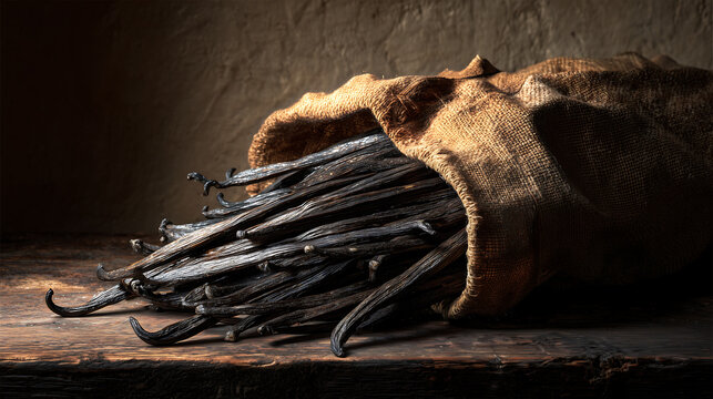 Madagascar Bourbon vanilla beans are dark brown, with an oily surface and a distinctive, elastic texture. The pods are laid out on an aged wooden table, some split open to reveal tiny, aromatic, cavia