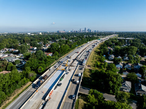 Early morning aerial of Interstate 65 and Construction - Garfield Park, Indianapolis, Indiana