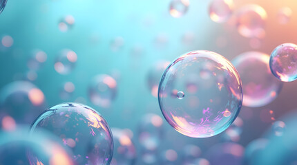 A vibrant and whimsical composition featuring translucent, iridescent bubbles of various sizes and shapes, suspended in mid-air against a soft, gradient blue background that transitions from light sky