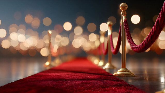 Red carpet entrance with gold stanchions and glamorous event lights at night  blurry bokeh background. 