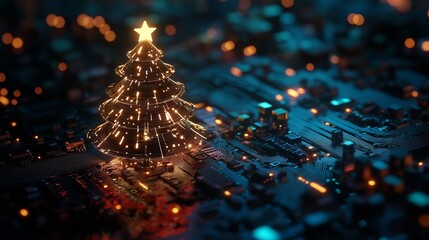 Modern digital Christmas greetings with glowing tree on circuit board for tech holiday season, perfect for innovative business and futuristic designs