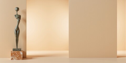 Abstract bronze sculpture displayed in minimalist gallery interior  with copy space