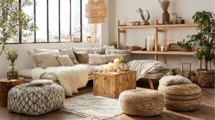Soft textures and warm tones create a serene living space filled with plants and natural decor.