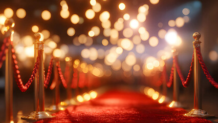Red carpet entrance with gold stanchions and glamorous event lights at night  blurry bokeh background. 