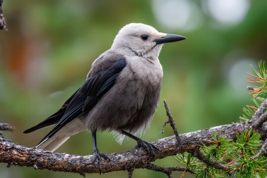 Detailed Portrait of Clarks Nutcracker Bird Perched on Tree Branch in Natural Habitat